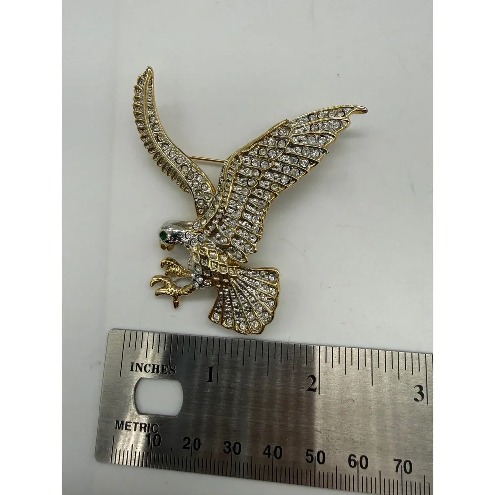 Gold Tone Soaring Eagle Brooch Clear Pave Crystal Rhinestone Green Eye Pin